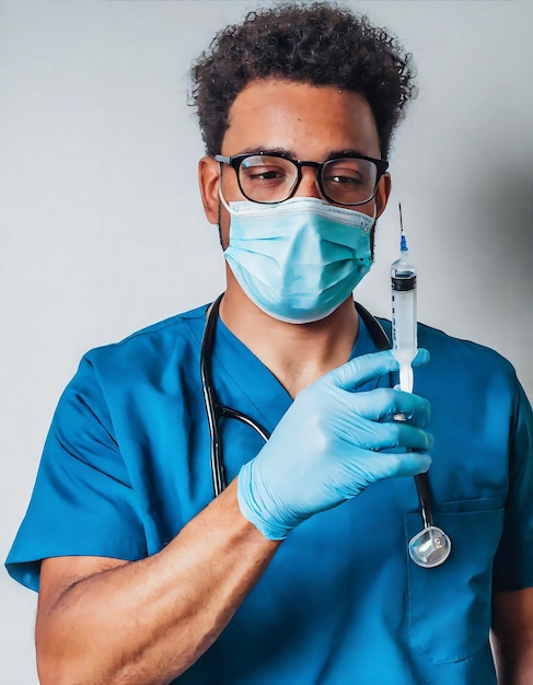 Foto el médico sostiene una jeringa con líquido para inyección de medicamento