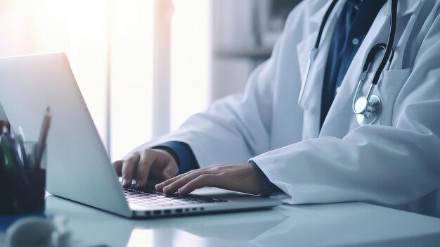El médico en su portátil vista trasera cita del médico en línea consulta médica con el médico en línea el paciente recibe