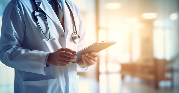 Un médico con una tableta delante de una ventana