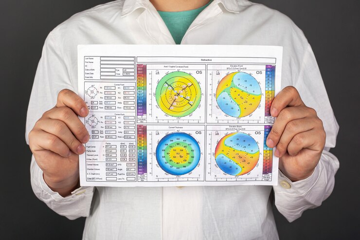 Foto el médico tiene en la mano una topografía de la córnea con un diagnóstico de queratocono. distrofia corneal