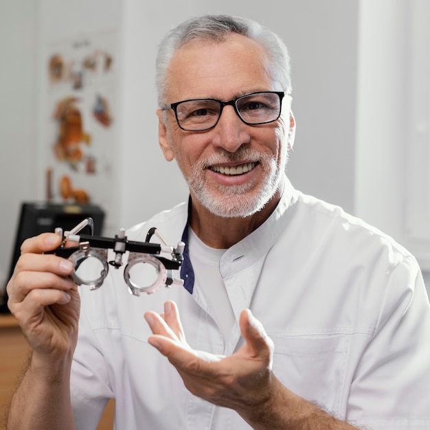 Médico de tiro medio con gafas de examen ocular