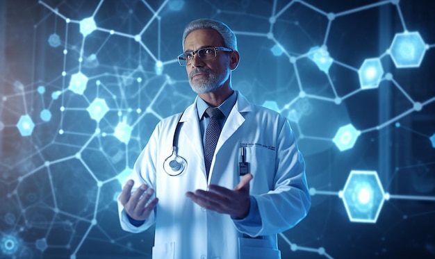 Un médico tocando un icono de la medicina en la tableta generativa ai