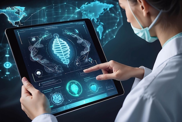Foto médico tocando registro médico eletrônico em tablet dna cuidados de saúde digitais e conexão de rede em holograma interface de tela virtual moderna tecnologia médica e conceito de rede