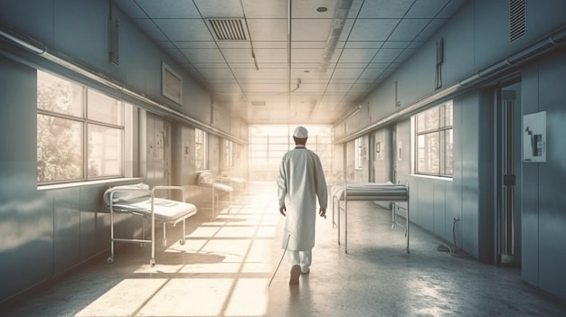 Médico trabajador médico se encuentra en el pasillo del centro médico del hospital