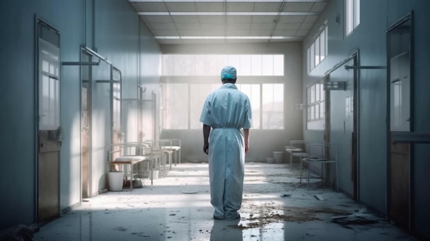 Médico trabajador médico se encuentra en el pasillo en la vista de las instalaciones médicas del hospital