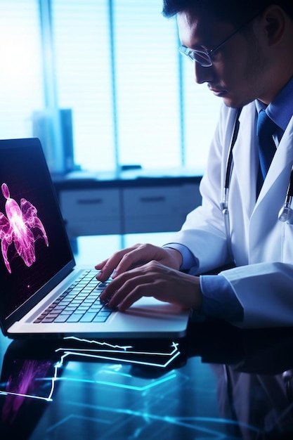 Foto un médico está trabajando en una computadora portátil con una imagen de un esqueleto humano en la pantalla