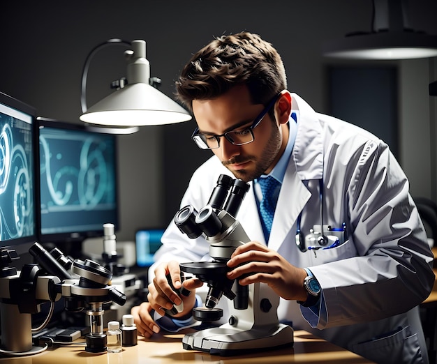 médico trabajando en un microscopio