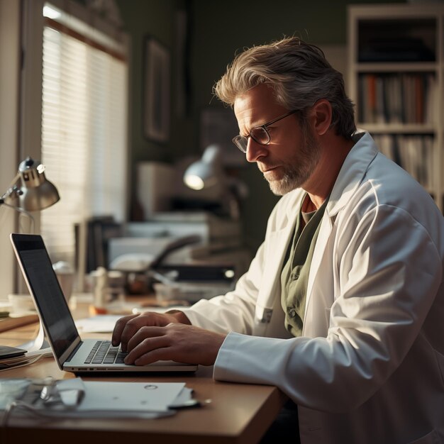 Foto un médico trabajando en su consultorio con una computadora.