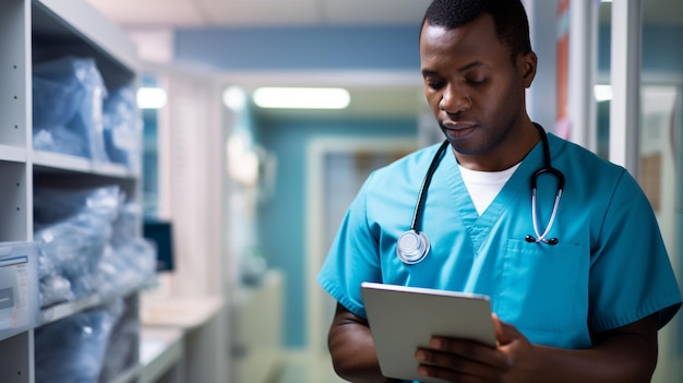 Foto médico trabajando en una tableta en el hospital