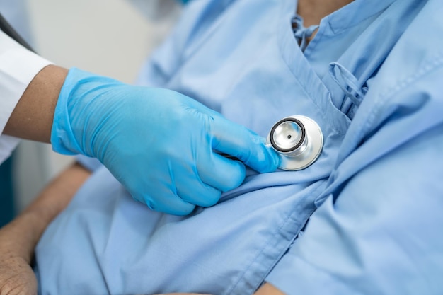 Médico con traje de ppe ayuda a una anciana asiática o anciana paciente en el hospital para proteger la infección de seguridad y matar el coronavirus Covid19