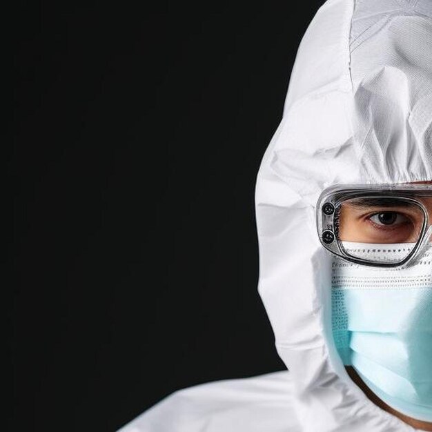 médico con traje de protección con estetoscopio contra el coronavirus covid en fondo negro