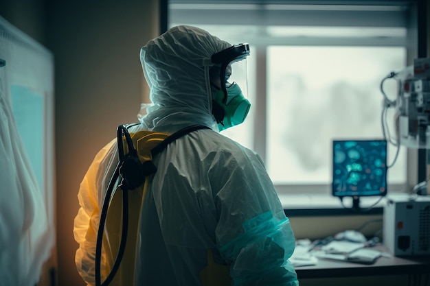 Médico con traje protector y máscara facial en la sala de virus de la pandemia de coronavirus del hospital IA generativa