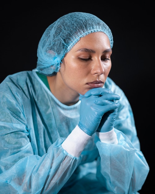 Foto médico triste com tiro médio usando equipamento