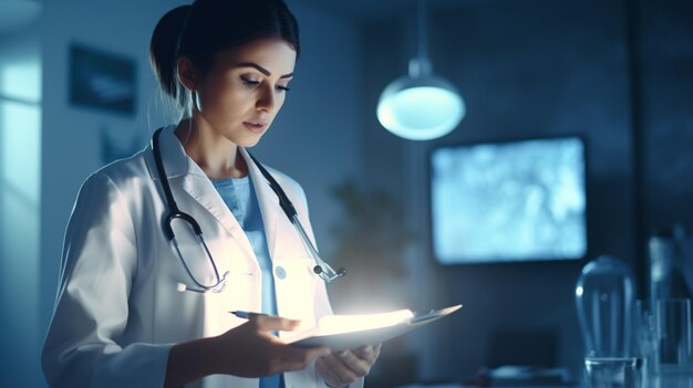 médico en uniforme escribiendo en el cuaderno en el escritorio en la clínica