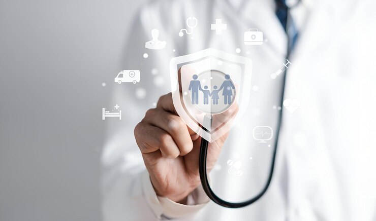 Foto médico en uniforme con estetoscopio protección de la mano familia icono virtual concepto de seguro y garantía de atención médica