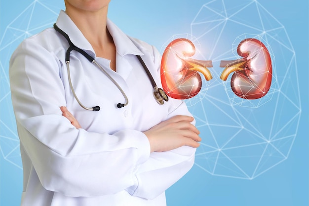 Médico urólogo y riñón en un fondo azul.