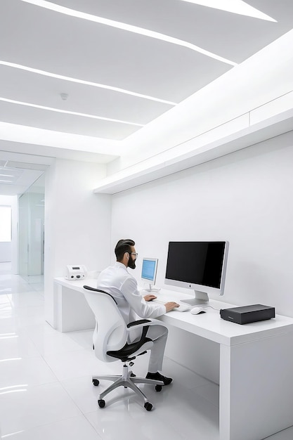 Foto médico usando una computadora en una habitación muy limpia y blanca ia generativa