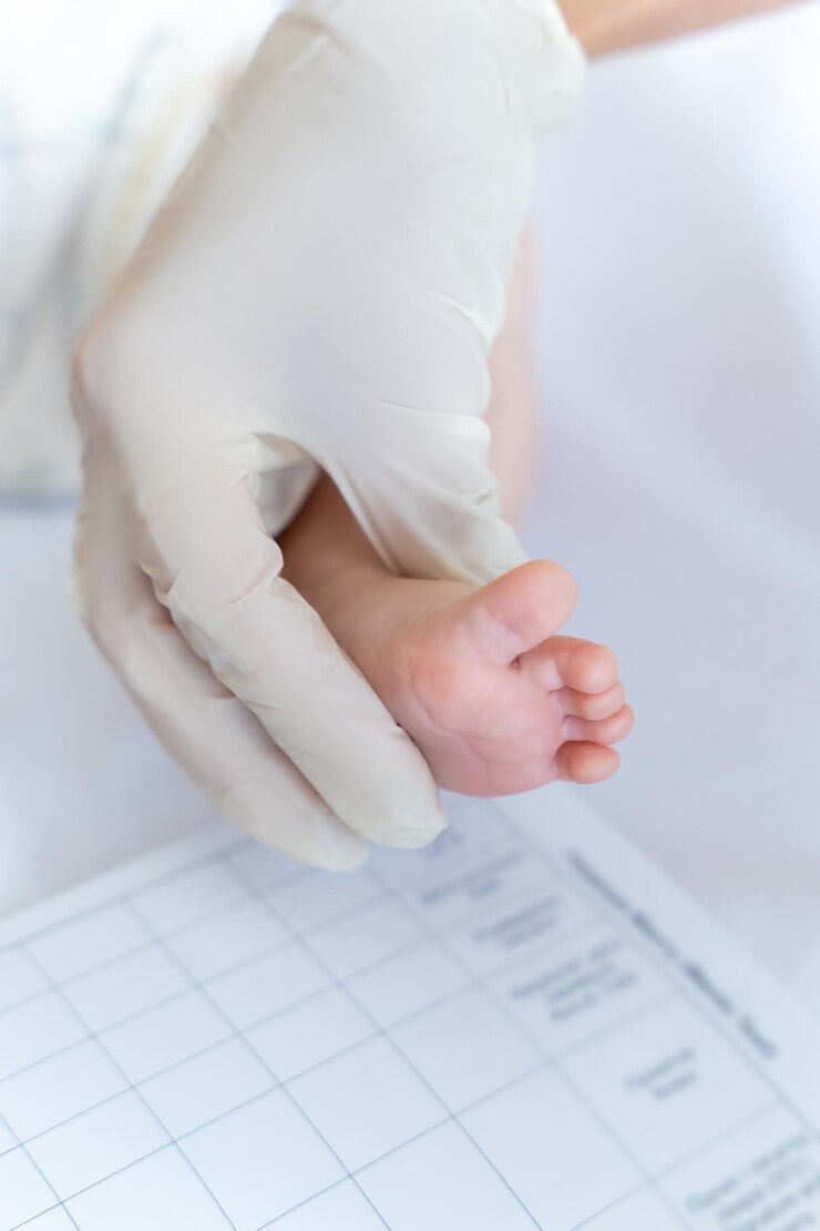 Foto médico usando luvas de borracha verificando os pés do recém-nascido em um ambiente de cuidados de saúde