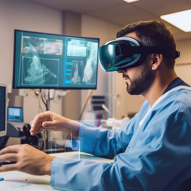 Foto médico usando proyección virtual 3d ai especialista en biotecnología experto en laboratorio anciana mujer niño vr