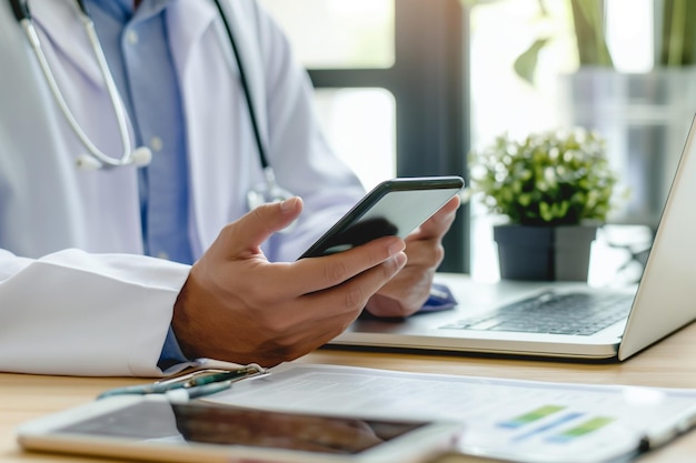 Médico usando smartphone móvel trabalhando em computador portátil em escritório de espaço de trabalho médico