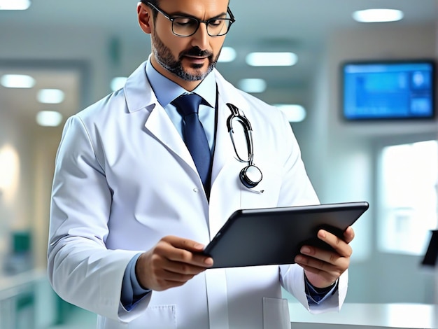 Médico usando una tableta y con una bata blanca en un fondo borroso en el hospital