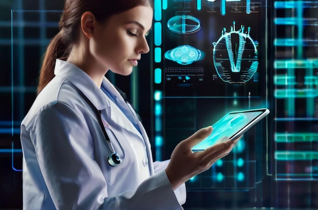 Foto médico usar tecnologia de computador para o trabalho de saúde humana diagnóstico examtest como cardiologista