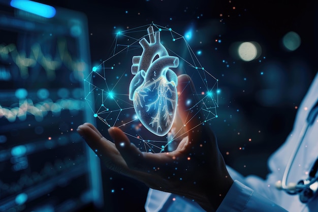 El médico utiliza la tecnología para el diagnóstico cardíaco en pantalla virtual