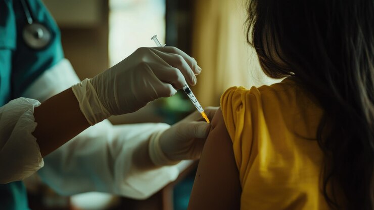 Médico vacinando mulher na clínica vacinação prevenção de doenças closeup