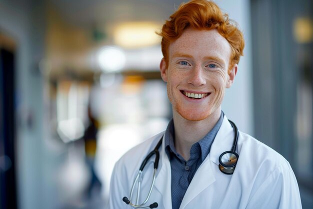 Foto un médico varón sonriente con una bata blanca de laboratorio y un estetoscopio