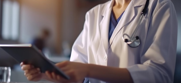 Médico verifica um tablet enquanto trabalha Generative AI