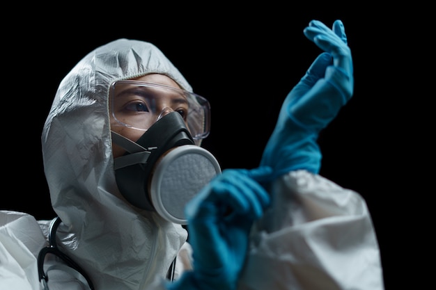 Médico, vestindo trajes perigosos, máscara respiratória, óculos de segurança e luvas médicas em laboratório
