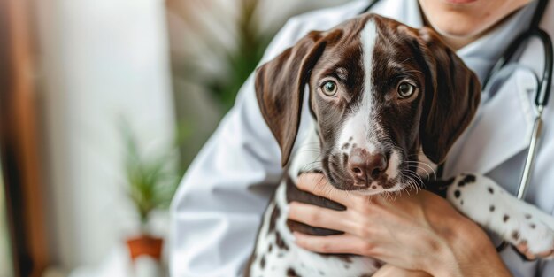 Foto médico veterinário de ia generativa está segurando nas mãos um lindo cãozinho de cachorro de clinica veterinária de bandeira