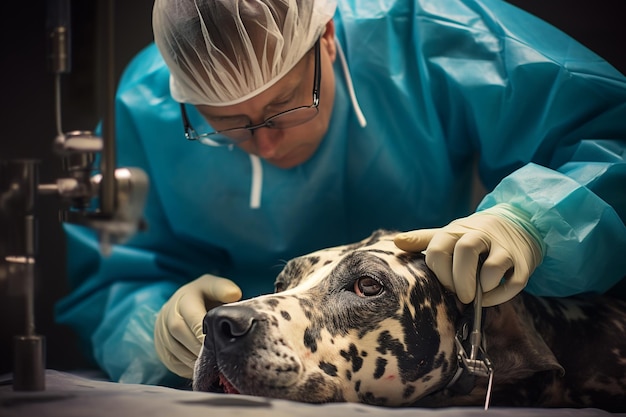 Foto el médico veterinario y el equipo de enfermeras en uniforme azul hicieron la cirugía dentro de la sala de operaciones en el hospital.