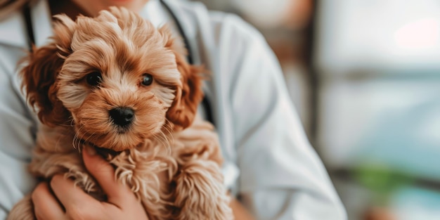 El médico veterinario de IA generativa está sosteniendo en las manos un lindo cachorro pequeño en la clínica veterinaria de perros