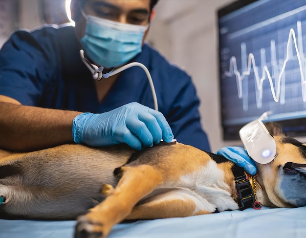 Medico veterinario revisando a un perro en su clinica veterinaria