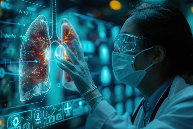 Foto el médico está viendo imágenes de los pulmones en la pantalla