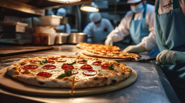 Foto médicos a cortar pizza em pedaços.