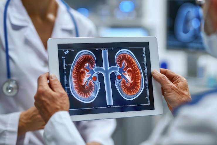 Foto médicos analisando varredura digital de rim em tablet para diagnóstico médico