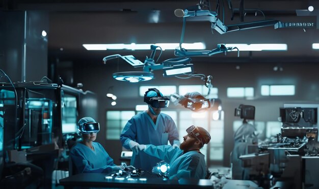 médicos cirurgiões cientistas trabalham em óculos VR em um laboratório de treinamento médicos com virtual