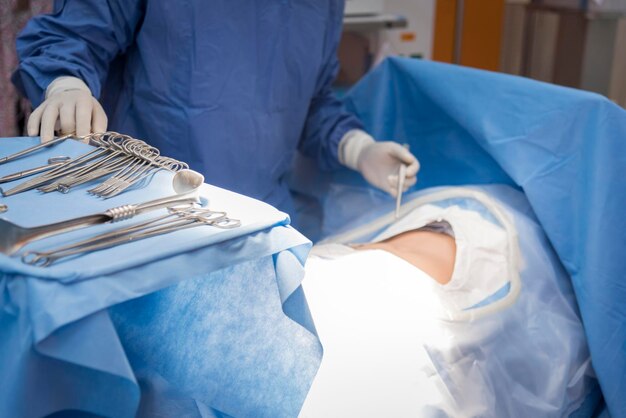 Foto médicos com ferramentas nas mãos fazendo cirurgia na sala de cirurgia cuidados de saúde e conceito de hospital