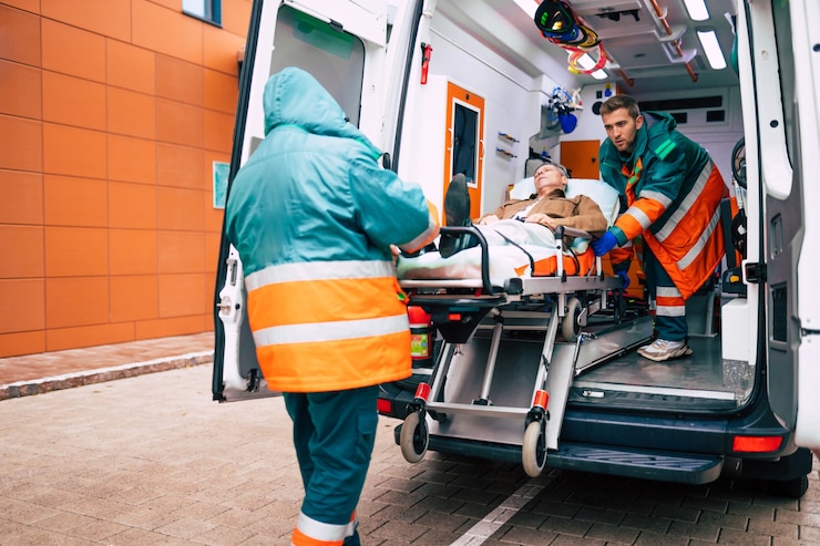 Foto médicos confiados y profesionales que descargan a un paciente enfermo de un coche de ambulancia en una camilla cerca del edificio del hospital