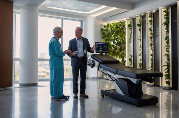 Foto médicos consultando ao lado de uma cama médica moderna