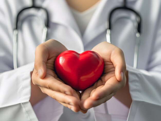 Foto médicos de mão segurando um coração vermelho dia mundial do coração cardiologista