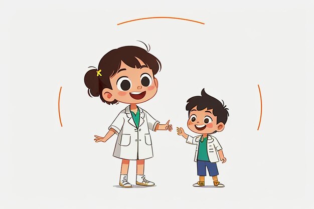 Médicos e crianças explicando conteúdo de promoção de conhecimento fundo de papel de parede de anime de desenho animado