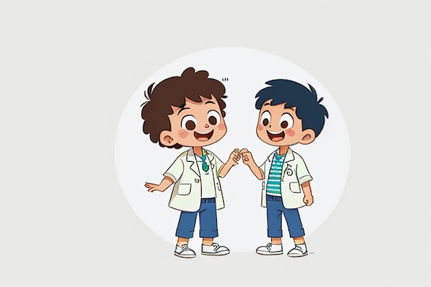 Médicos e crianças explicando o fundo do papel de parede do anime dos desenhos animados do conteúdo da promoção do conhecimento