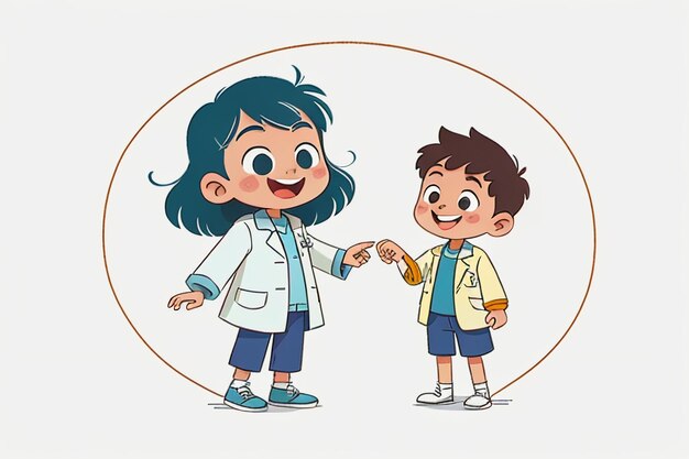 Foto médicos e crianças explicando o fundo do papel de parede do anime dos desenhos animados do conteúdo da promoção do conhecimento