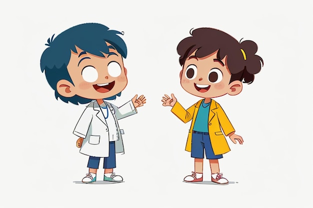 Médicos e crianças explicando o fundo do papel de parede do anime dos desenhos animados do conteúdo da promoção do conhecimento