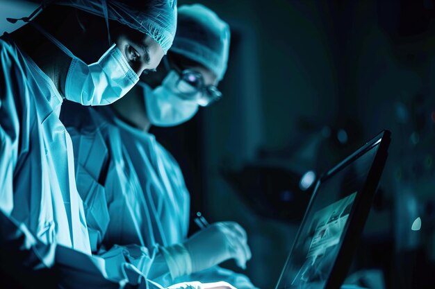 Foto médicos, enfermeras, portátiles en la atención médica nocturna, planificación de la cirugía, trabajo en equipo en el hospital de bienestar.