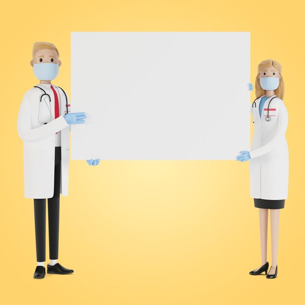 Médicos. Especialistas médicos homem e mulher segurando cartaz em branco. Ilustração 3D em estilo cartoon.