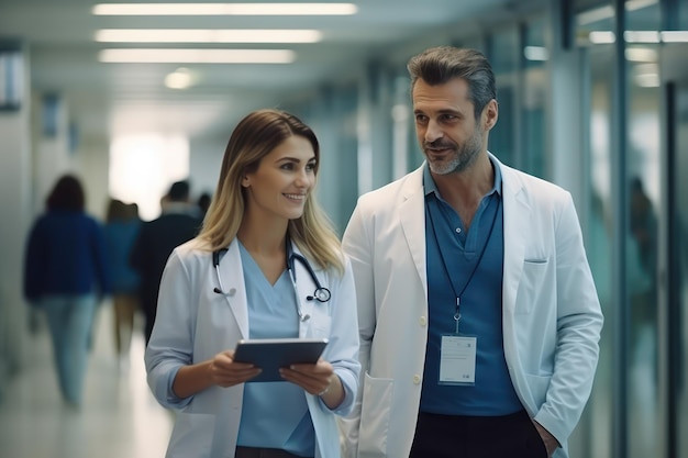 Foto médicos hombres y mujeres con túnicas médicas caminando por el hospital hablando de la ocupación profesional de la salud y la medicina